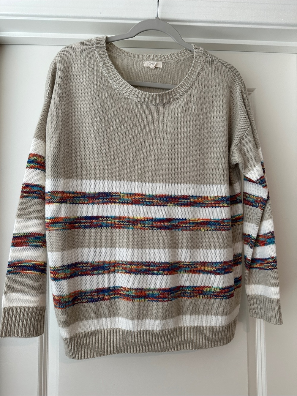 Cozy Beige Stripe Knit Sweater with Multicolor Accents